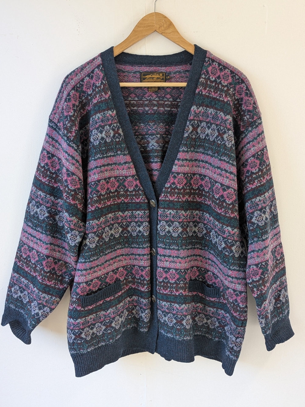 Vintage Eddie Bauer Outdoor Outfitter Fair Isle Cardigan Blue & Pink Size Large